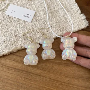 Chic aurora resin bear pendant necklace and earrings set with gold hooks for women