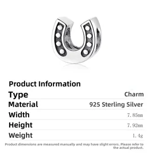 Detail view of S925 sterling silver horseshoe bead with embossed dots and dimensions