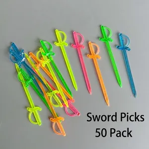 50-piece pack of colorful sword-shaped plastic fruit picks for cocktails and snacks