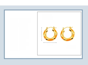 Detailed spec sheet showing 23x22mm orange enamel and 18K gold plated hoop earrings