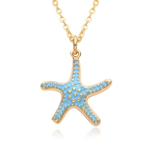 Detail of starfish pendant with light blue enamel and gold beads on a delicate chain