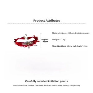 Detail specifications of red ribbon choker with crystal water drop and pearl tassel