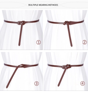Four different knotting styles for dark brown slim waist belt on a white dress