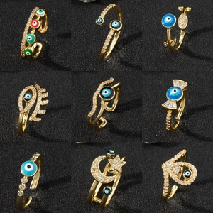 Gold plated evil eye adjustable rings with colorful enamel and sparkling crystals