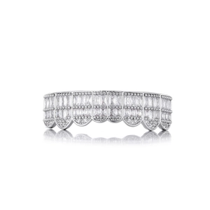 Macro view of silver tone hip hop grillz featuring radiant rectangular cut clear cubic zirconia