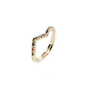 Detailed close-up of golden V-shaped ring featuring inlaid multi-color zircon stones