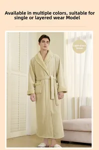 Detail view of thickened fleece bathrobe with sheepskin-style plush collar and sleeve cuffs