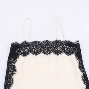 Lace trim satin camisole in cream with black eyelash lace detailing and thin straps