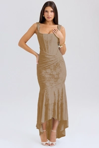 Detail of khaki bodycon maxi dress featuring textured jacquard fabric and waist pleats
