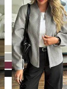 Giacca Bomber Larga Da Donna Misto Lana Cerniera Collo Alto Cappotto Casual