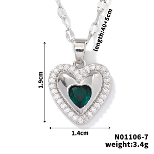 Detailed dimensions of silver heart pendant necklace with green gemstone and zircons