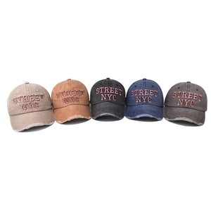 Vintage washed cotton baseball caps with NYC embroidery and distressed brim details