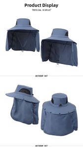 Outdoor sun hat with large brim and neck flap featuring breathable mesh side panels