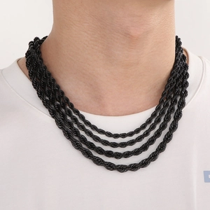 Men's retro black titanium steel twisted rope chain necklace shown on a male model