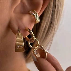 Ribbed Hoop Earrings 18K Gold Plated Titanium Steel With Square Zircon Geometric Textured Jewelry For Women
