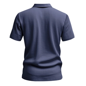 Rear view of navy blue short-sleeve polo shirt with breathable knitted cotton texture