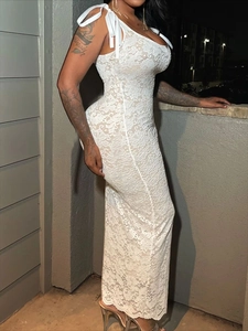 Lace Bodycon Maxi Dress With Bow Shoulder Straps Backless Hollow Out Elegant Party Clubwear For Women