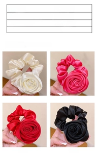 Detail view of 10cm satin rose scrunchies showing dimensions and four available colors
