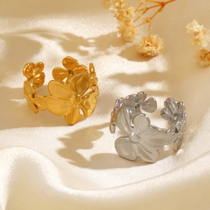 Bague Fleur Acier Inoxydable Floral Réglable Ouverte Anneau Doigt Bijoux Chic Élégant Pour Femme Or Argent Plaqué Sous Vide
