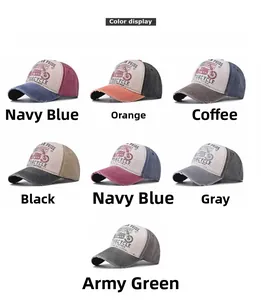 Detail display of seven color variants for vintage washed cotton baseball caps in a grid layout