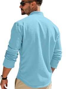 Detailed back view of men's light blue waffle texture polo shirt with premium tailoring
