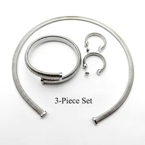 3-Piece silver stainless steel set with tubogas spiral necklace, bracelet and earrings