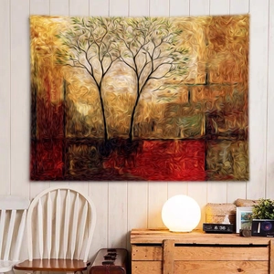 Detail view of psychedelic tree tapestry hanging on a white wooden wall in a cozy room