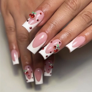 French Tip Press On Nails With 3D Cherry Decor And Red Rhinestones Long Coffin Fake Nails Sweet DIY Manicure Kit