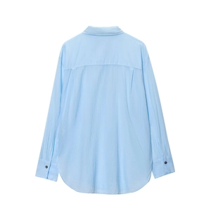 Light blue long sleeve button shirt for women featuring a clean back view and pleated detail