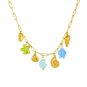 Gold ocean necklace with colorful starfish, turtle and shell pendants for beach vacation