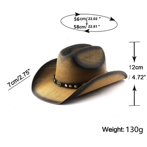 Detaillierte Größentabelle für zweifarbige Stroh-Cowboyhüte mit Vintage-Bullenlogo