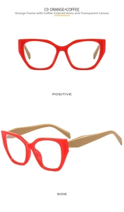 Detail view of cat-eye frames in orange and brown with transparent lenses