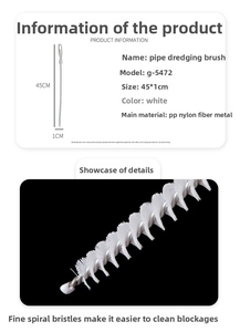 Detailed view of the 45cm flexible pipe cleaning brush with dense nylon bristles