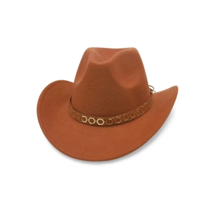 Retro rust-colored felt cowboy hat with decorative metallic band and flat brim