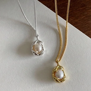 Artificial Pearl Pendant Necklace 925 Sterling Silver Irregular Organic Texture Minimalist French Retro Elegant Jewelry For Women
