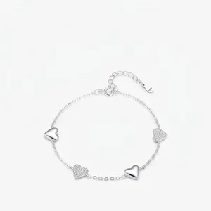 925 Sterling Silver Heart Charm Bracelet With Sparkling Cubic Zirconia Mirror Polish Finish For Women Sweet Style