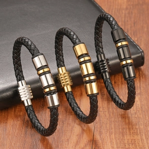 Bracelet Cuir Tressé Perles Cylindriques Acier Inoxydable Fermoir Magnétique Bijoux Mode Hommes Femmes