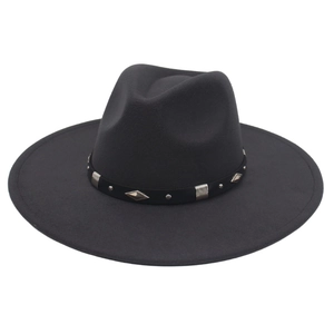 Close-up of wide brim fedora hat featuring black band with diamond metal studs