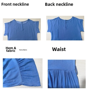 Detail view of round neckline and pleated fabric on this blue short sleeve midi dress
