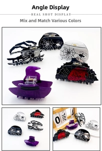 Macro view of detailed Halloween acrylic hair clips featuring spider web and witch hat designs
