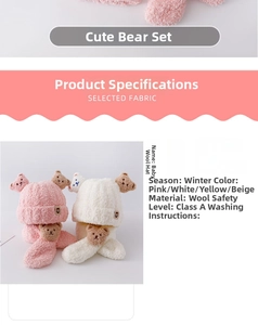 Close-up of winter knit baby hat and scarf set featuring cute plush bear accents