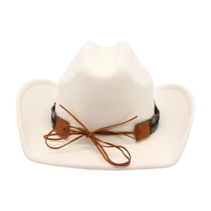 Detail of white felt jazz hat featuring ethnic woven band and brown leather buckle