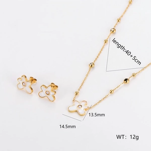 Gold stainless steel floral jewelry set with necklace and earrings including dimensions