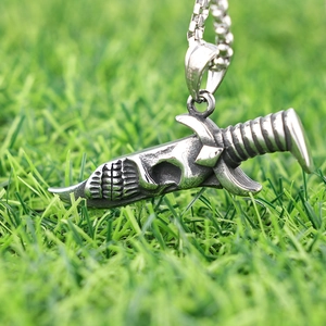 Gothic skull dagger pendant necklace in vintage silver finish with pearl square chain