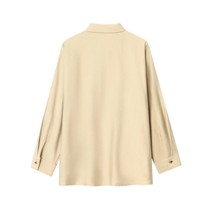 Back view of beige long sleeve button shirt and wide leg pants set with fine fabric texture