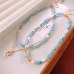 Double Layer Necklace With Freshwater Pearls And Aquamarine Chips Gold Plated Copper Chain Elegant Boho Jewelry For Women