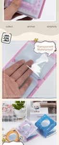 Three-panel view of 3-inch mini photo albums with waterproof PVC sleeves and cover window