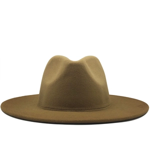 Front view of a brown wide-brim felt fedora hat with a classic teardrop crown