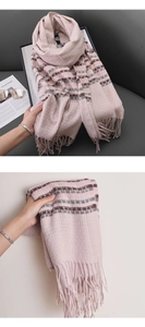 Detail of pink plaid cashmere-feel scarf with fringes showing texture and draping