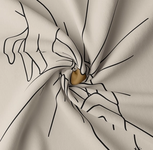 Detailed macro view of woven fabric texture showing artistic abstract hand line art design